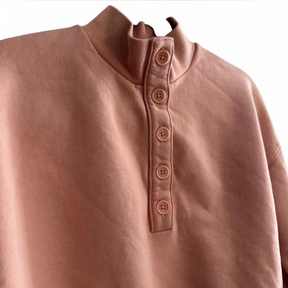 Reformation Hunter Cropped Sweatshirt Pink Organic Cotton Henley Mock Neck XS - Picture 3 of 5